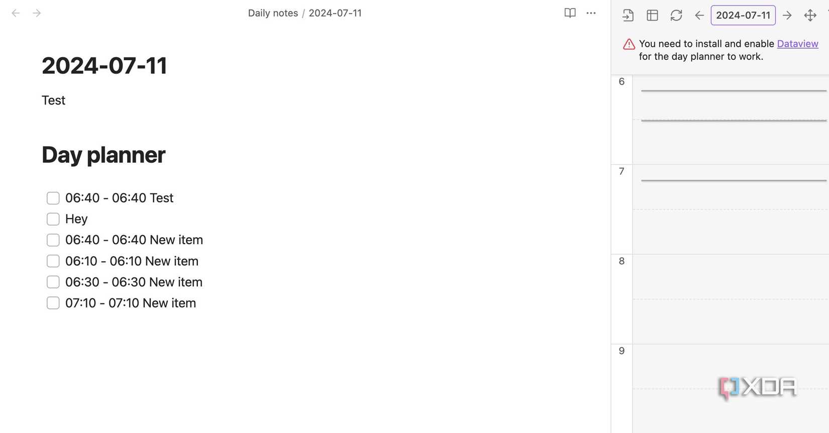 Day planner in Obsidian