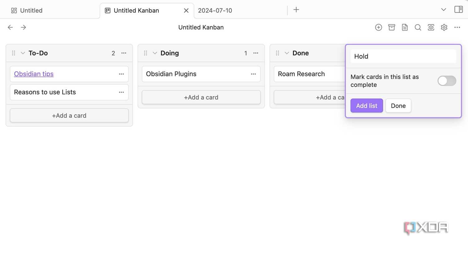add lists in Obsidian