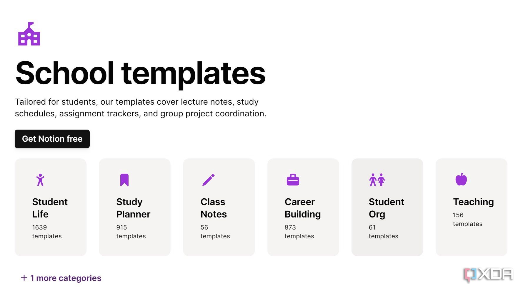 A screenshot showing Notion school templates