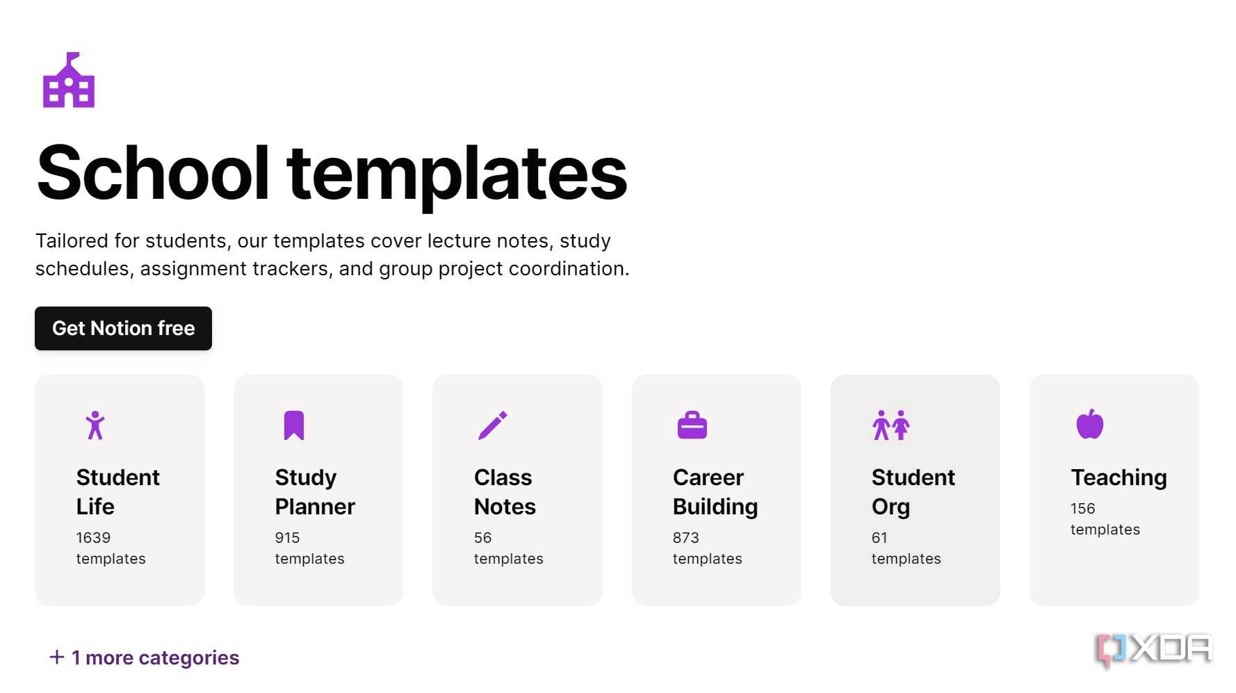 A screenshot showing Notion school templates