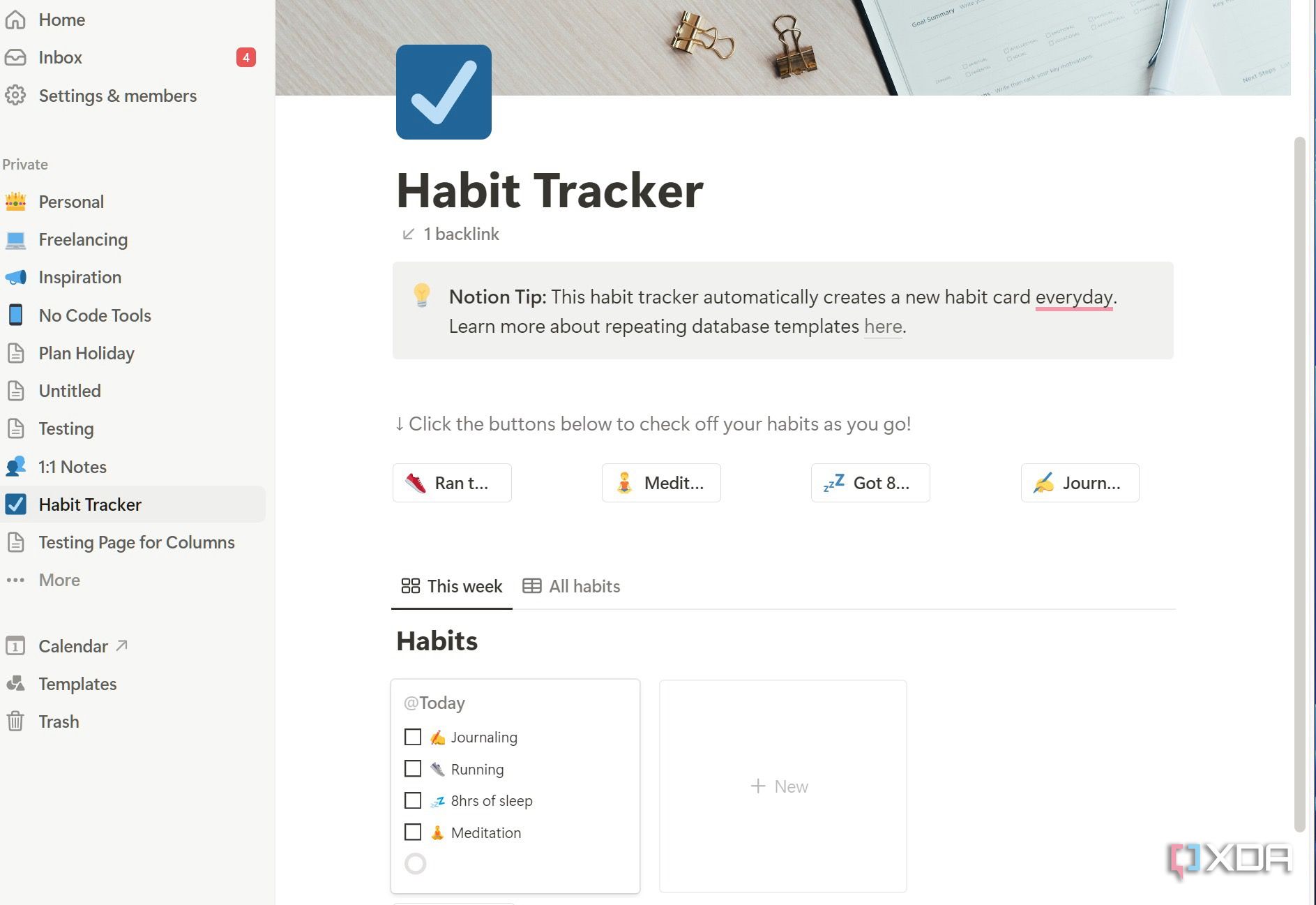 A screenshot showing Notion habit tracker