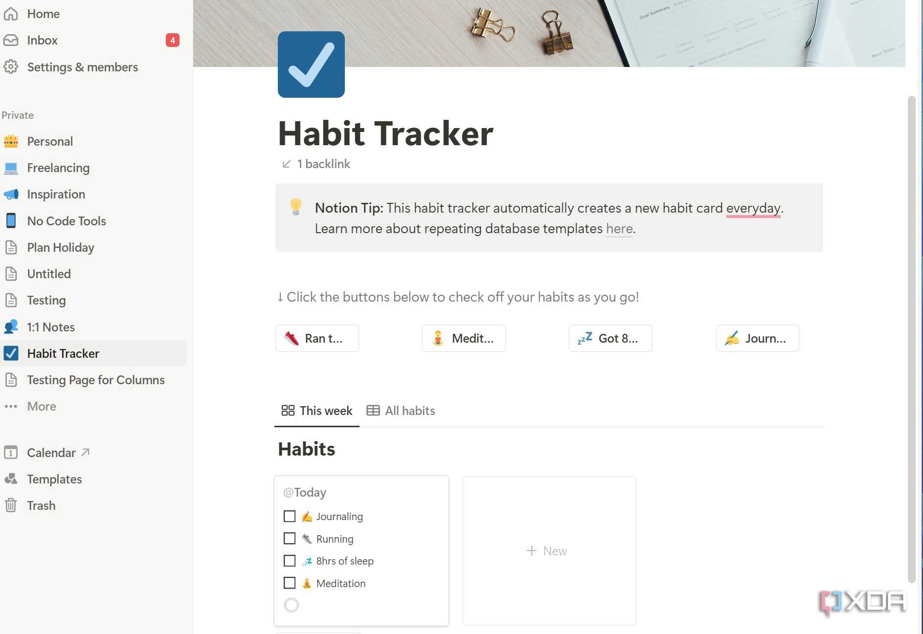 A screenshot showing Notion habit tracker