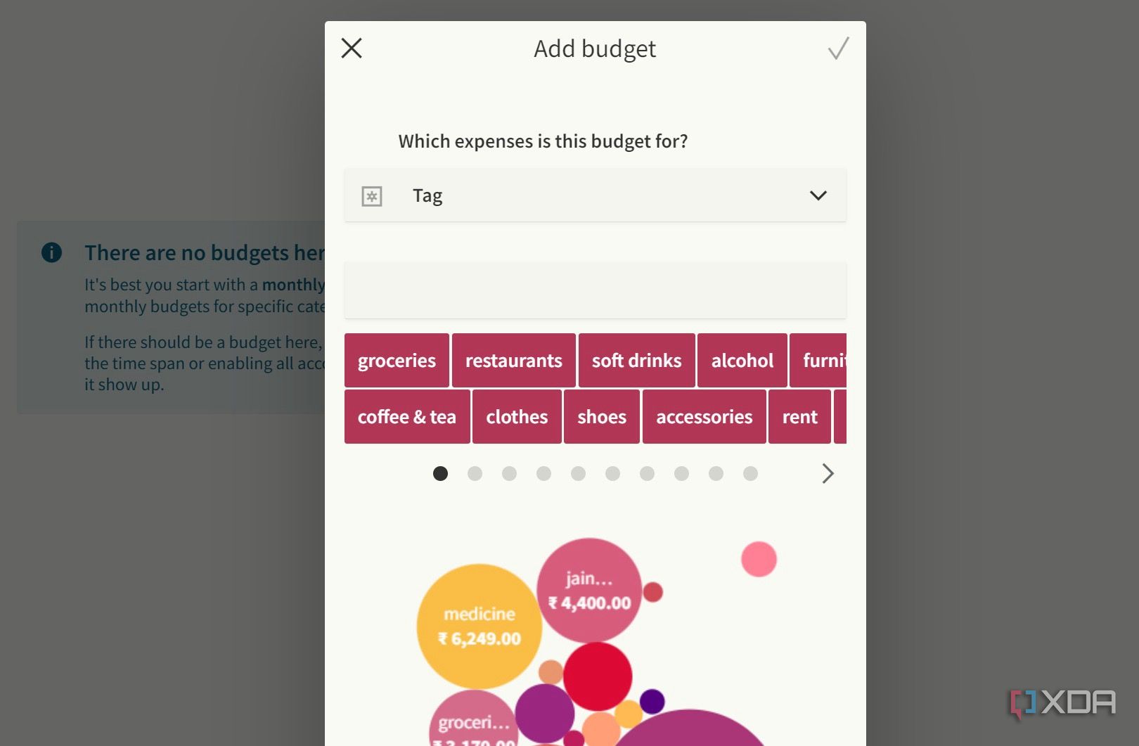A screenshot showing Toshl budgets