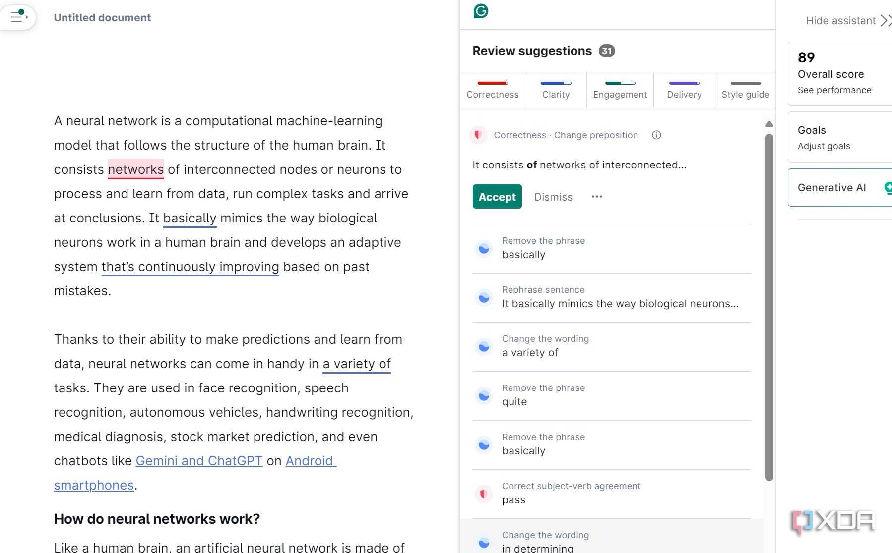 A screenshot showing Grammarly editor