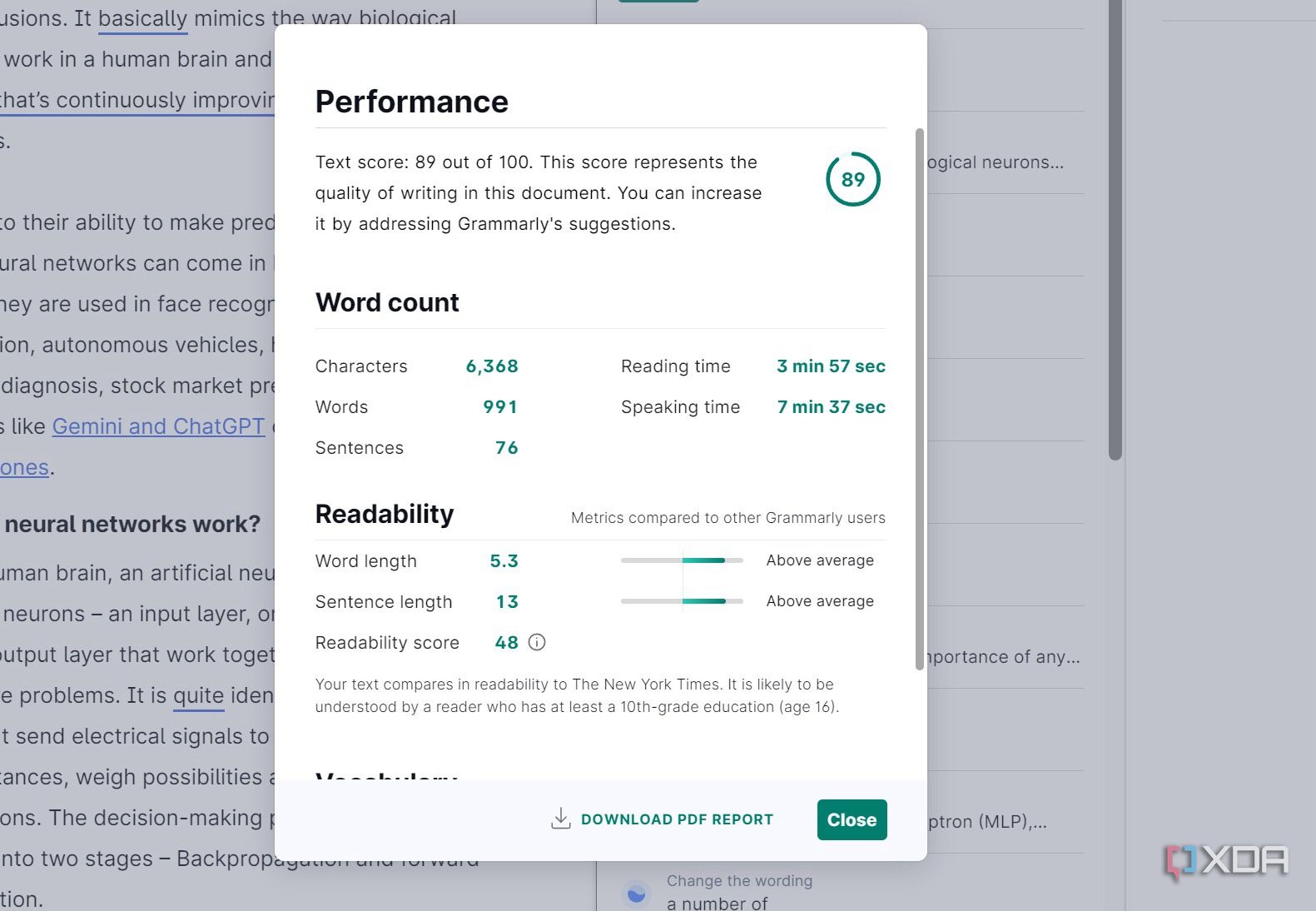 A screenshot showing Grammarly performance