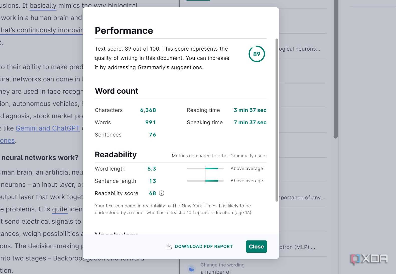 A screenshot showing Grammarly performance