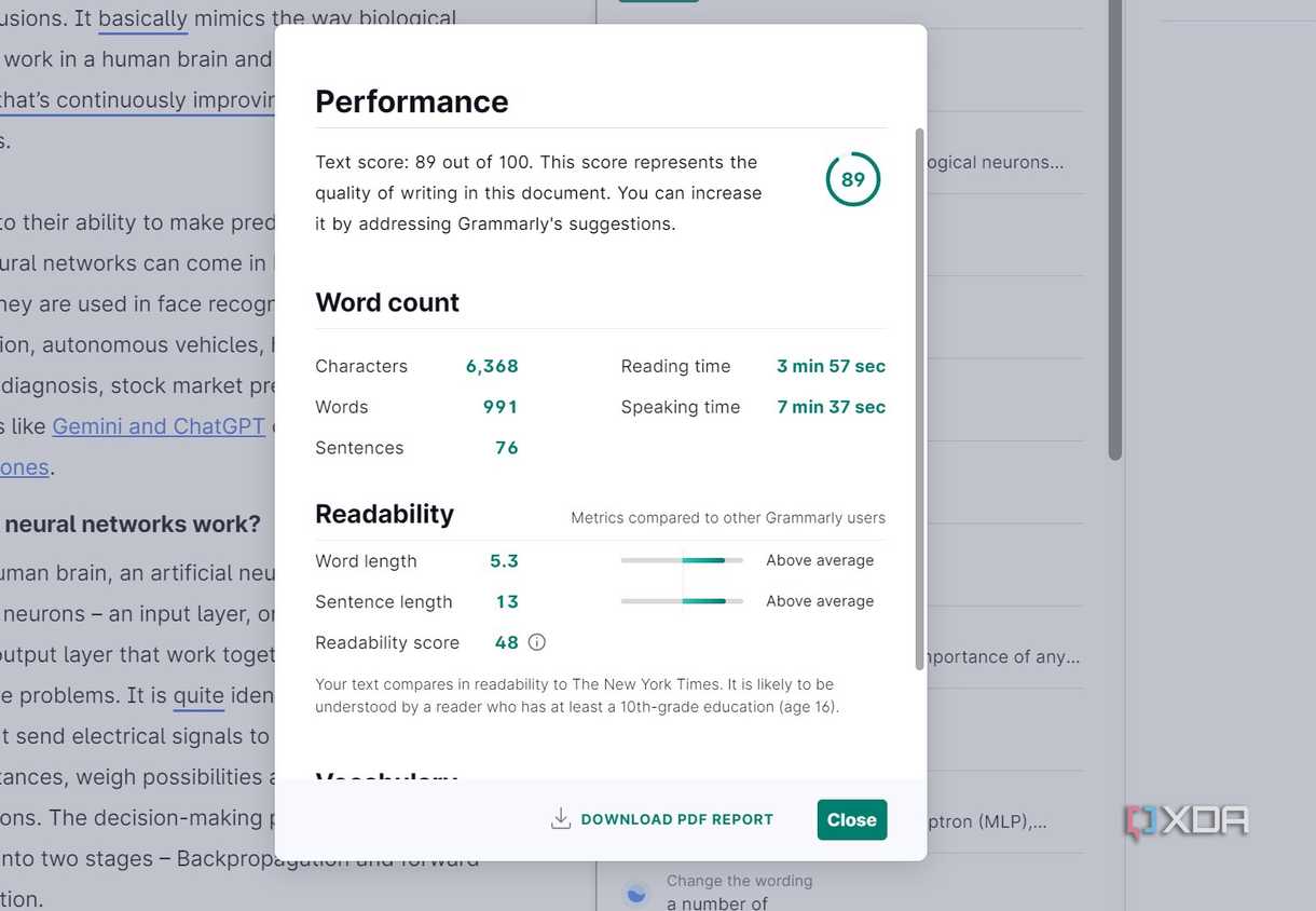 A screenshot showing Grammarly performance