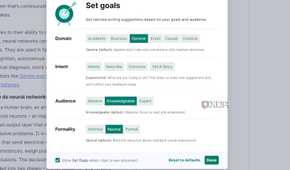 A screenshot showing Grammarly goals