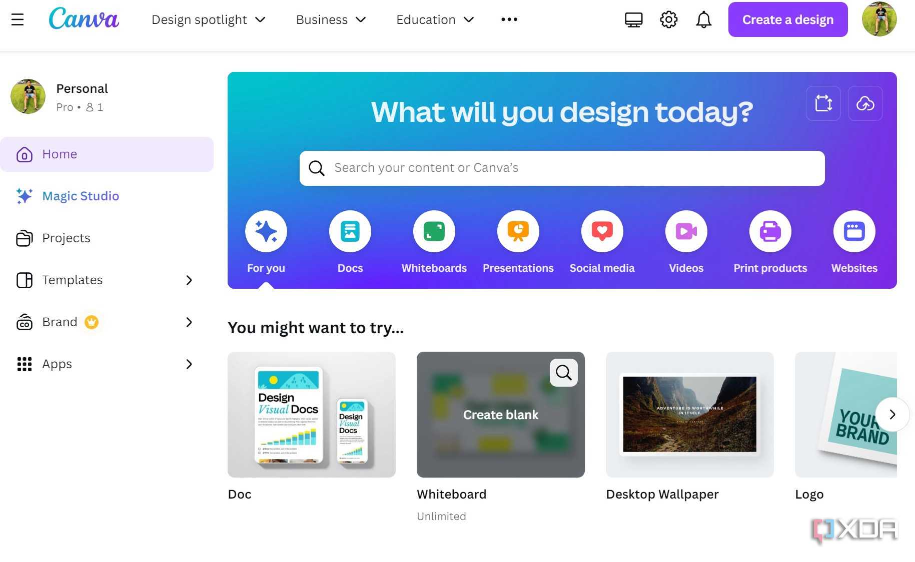 A screenshot showing Canva home