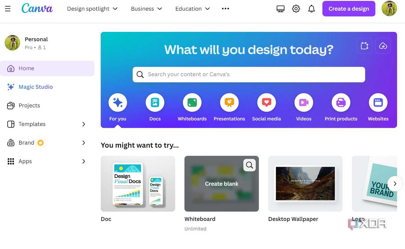 A screenshot showing Canva home