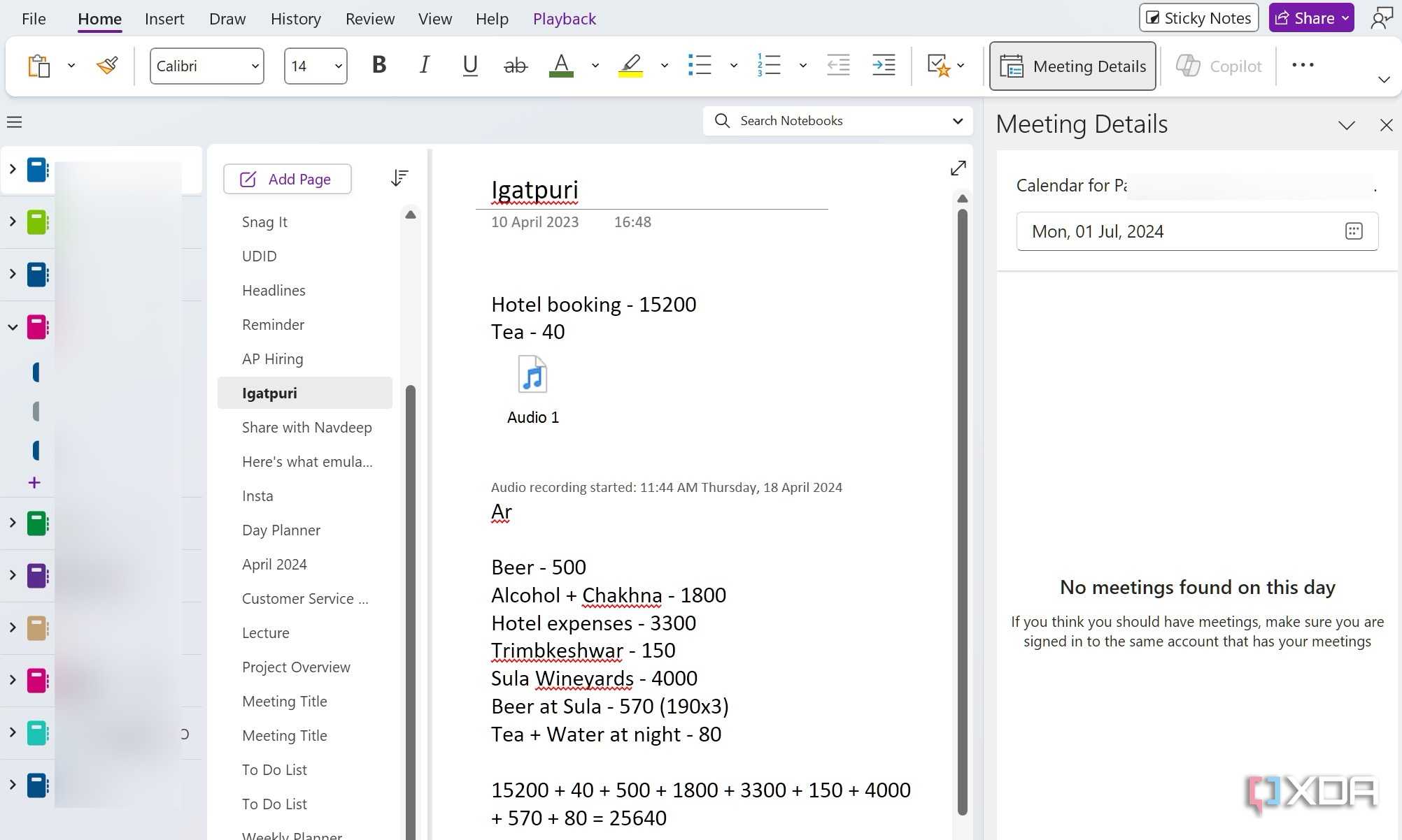 A screenshot showing OneNote meeting details