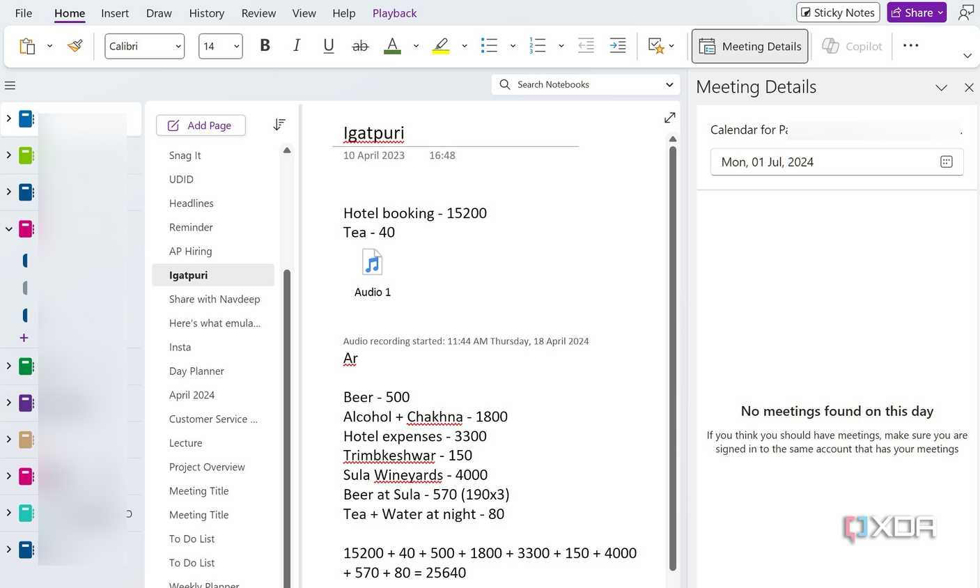 A screenshot showing OneNote meeting details