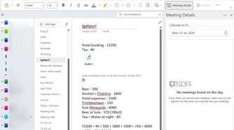 A screenshot showing OneNote meeting details