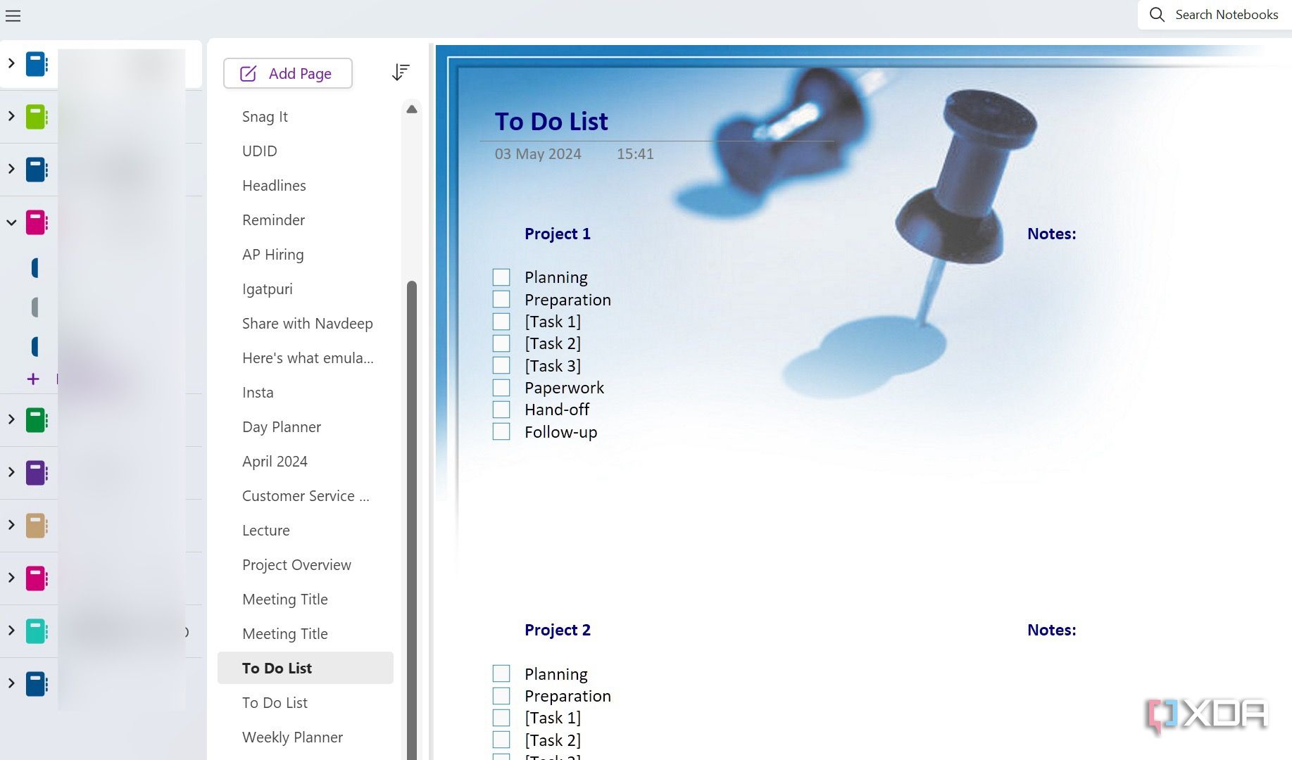 A screenshot showing OneNote To-do list
