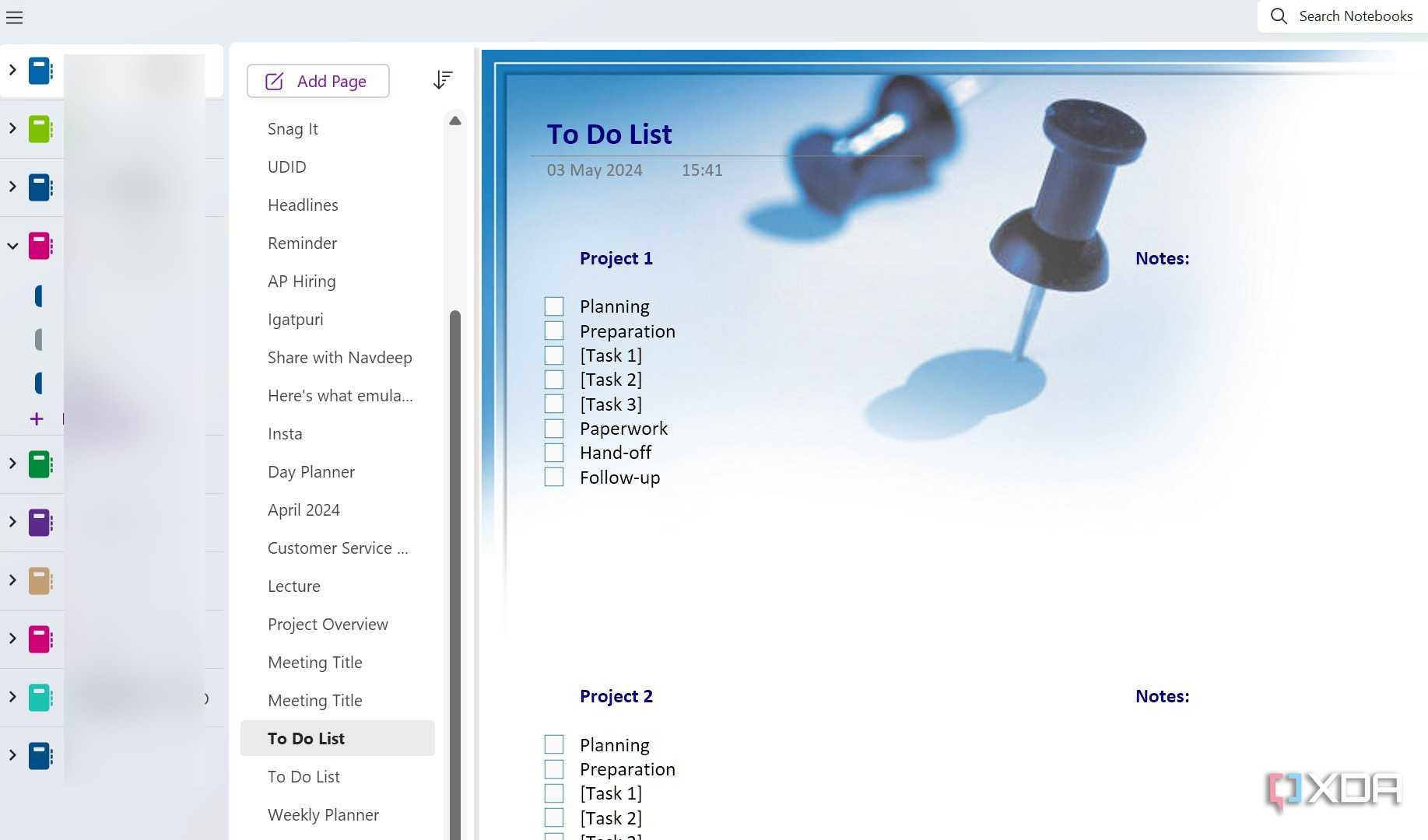 A screenshot showing OneNote To-do list