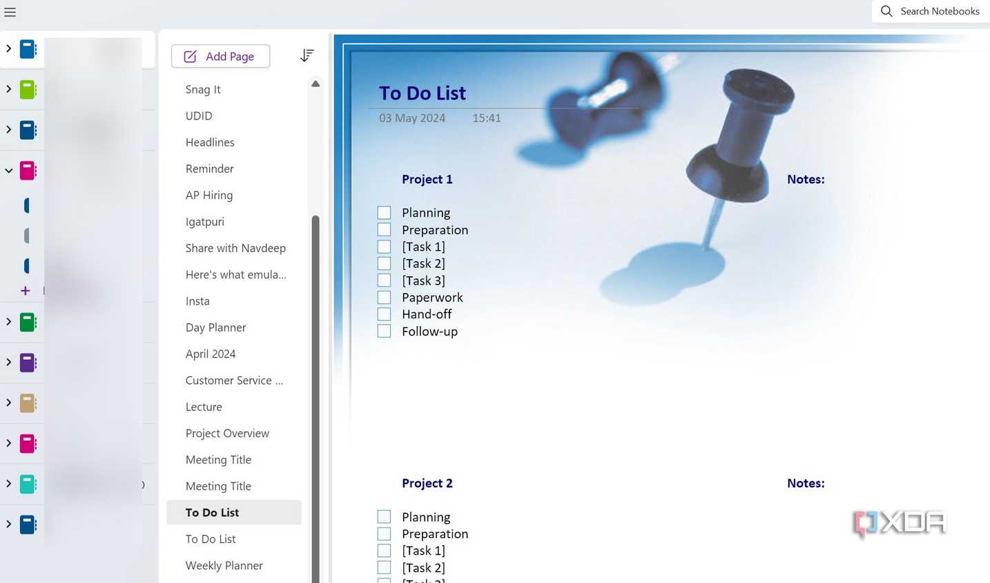 A screenshot showing OneNote To-do list