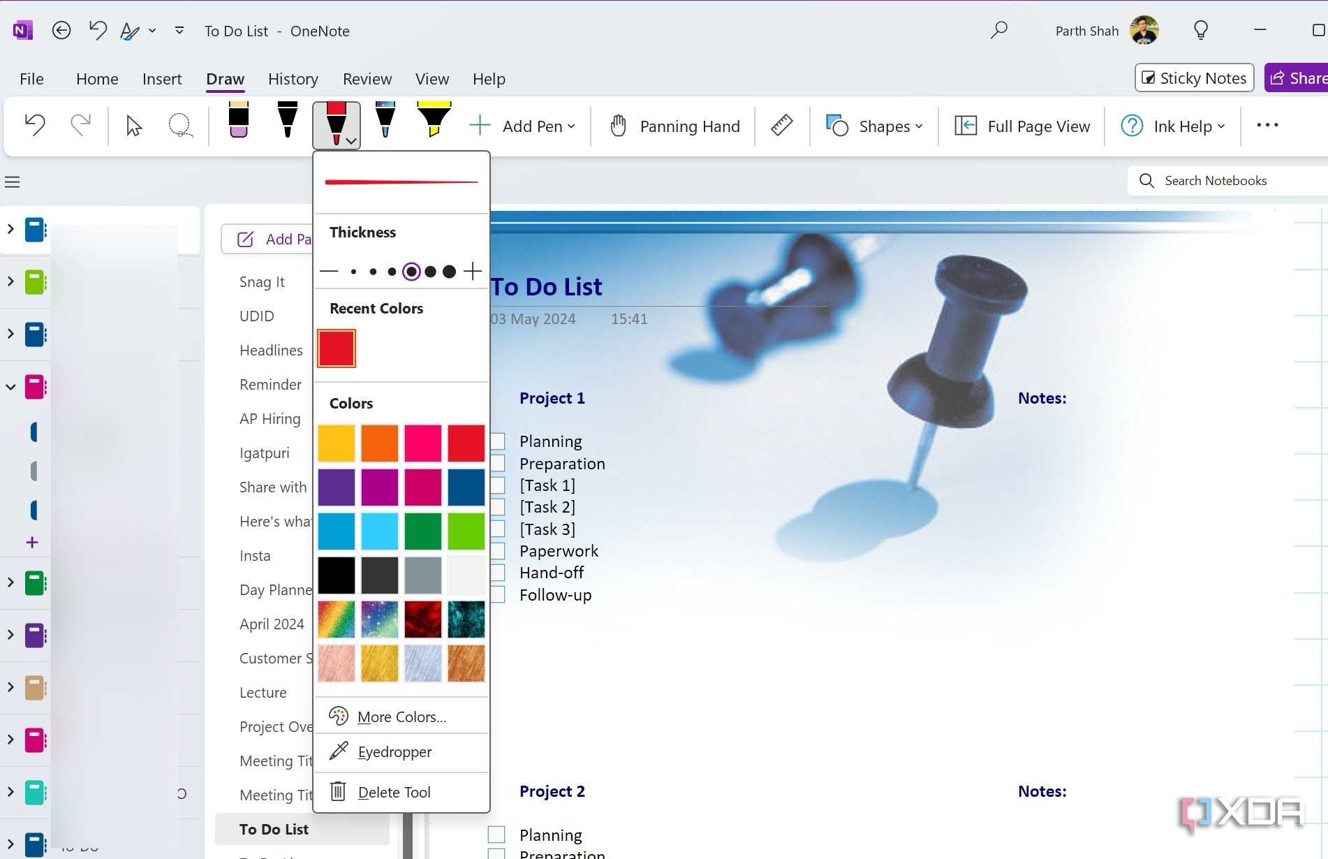A screenshot showing OneNote inking tools