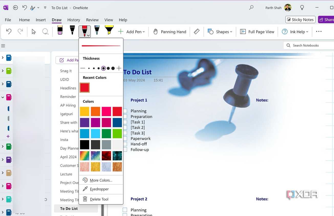 A screenshot showing OneNote inking tools
