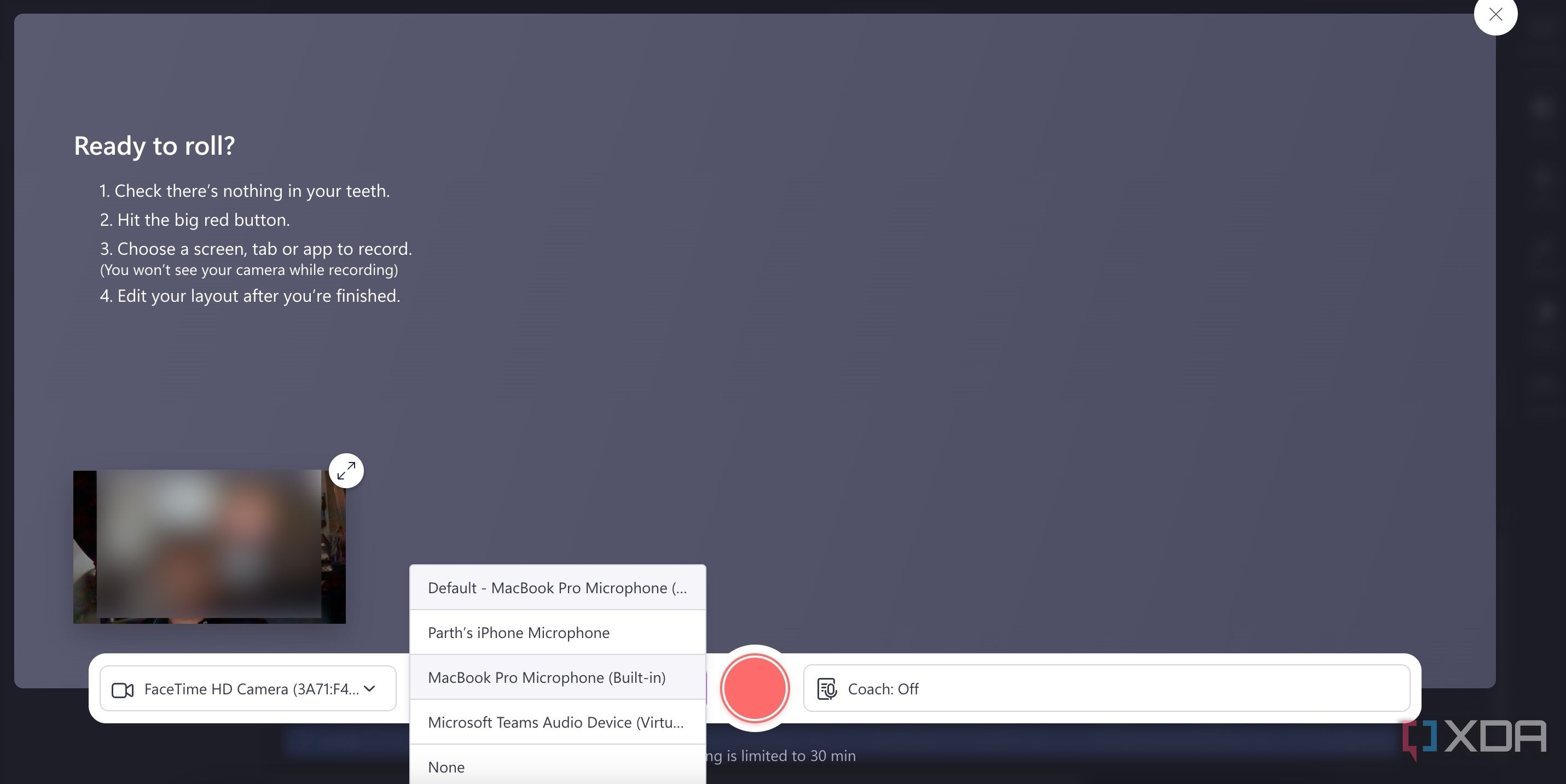 Clipchamp recording interface