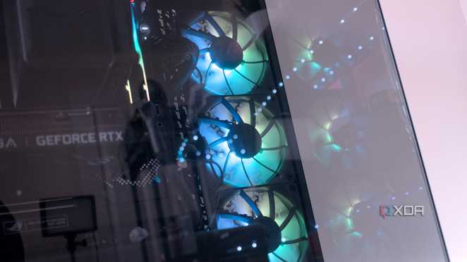 Close-up of spinning fans inside the Corsair 3500X ARGB