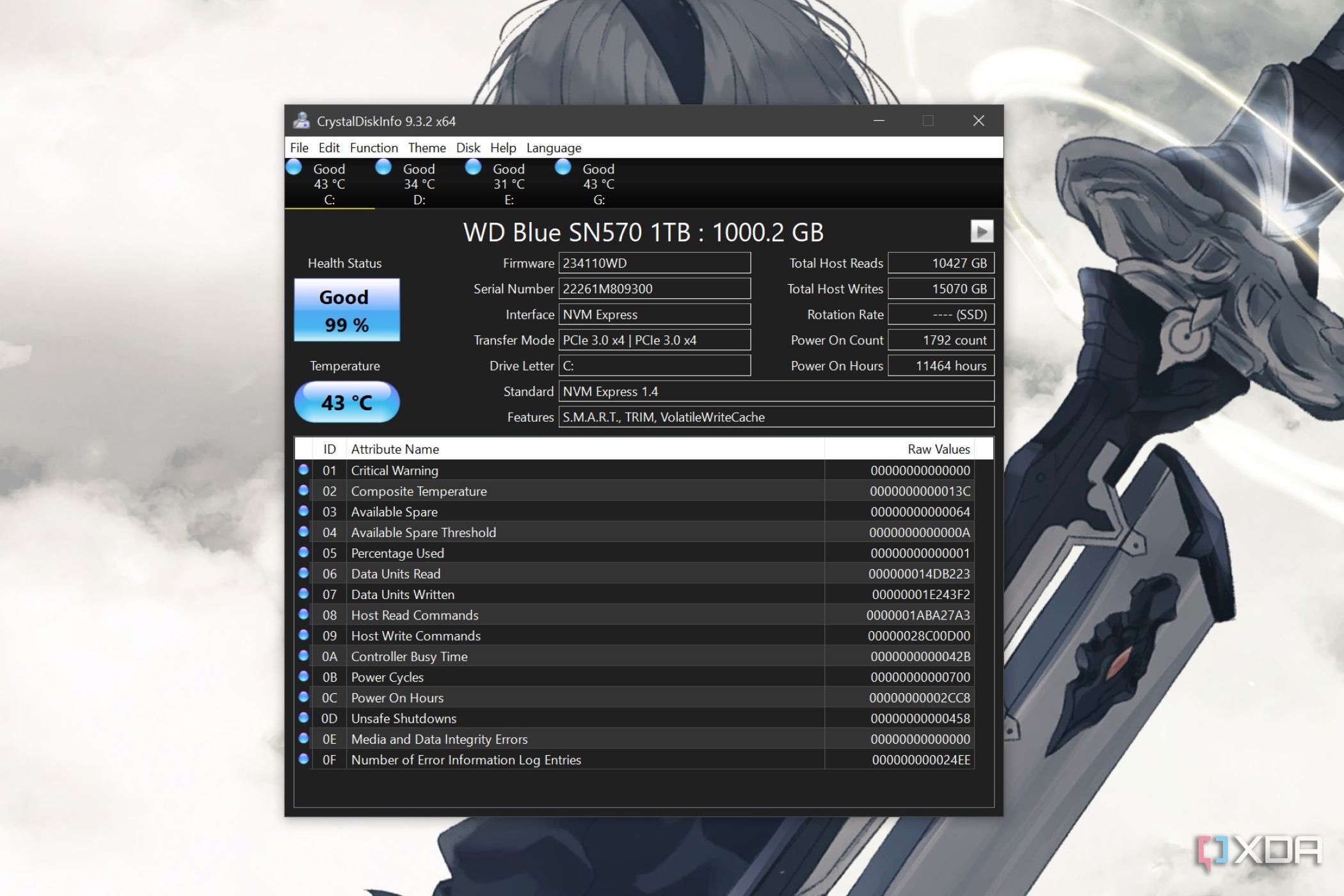 The S.M.A.R.T. metrics of a drive visible in CrystalDiskInfo