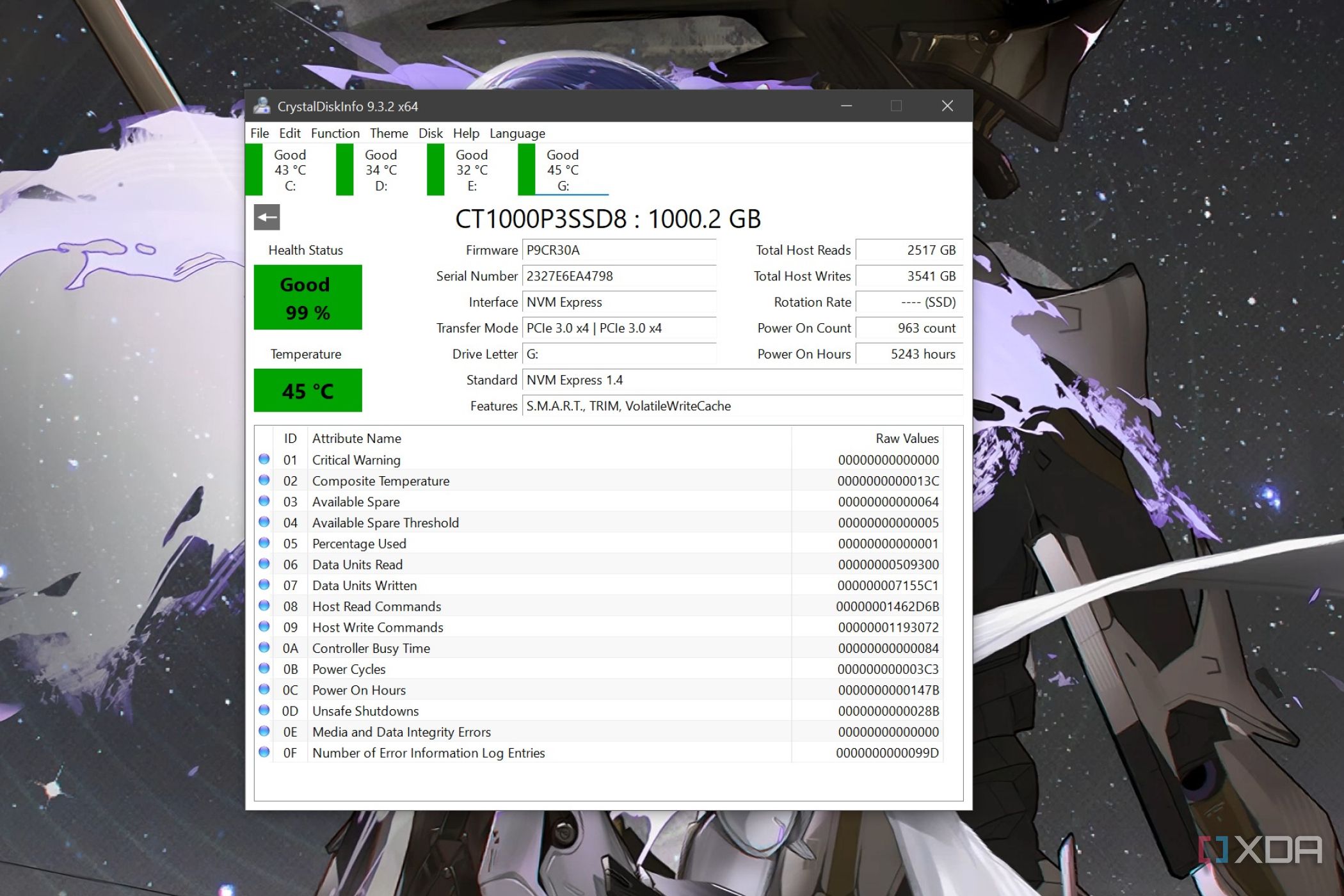 The S.M.A.R.T. metrics of a drive visible in CrystalDiskInfo
