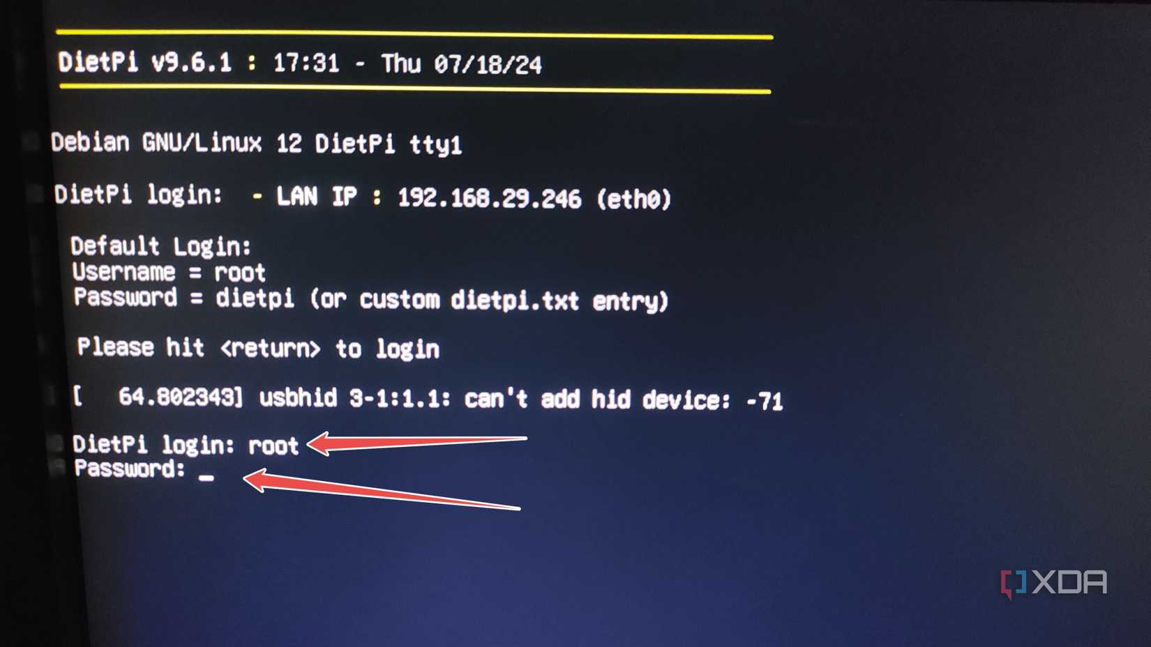 Entering the username and password in DietPi