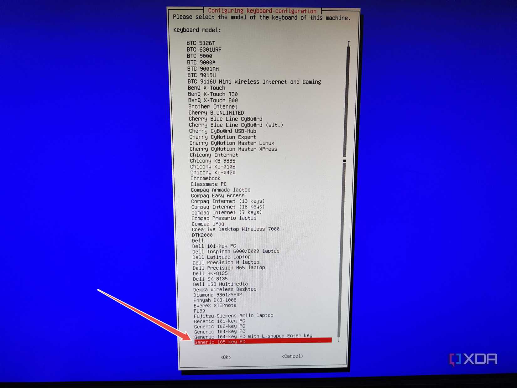 Picking the Keyboard model in the DietPi installation wizard