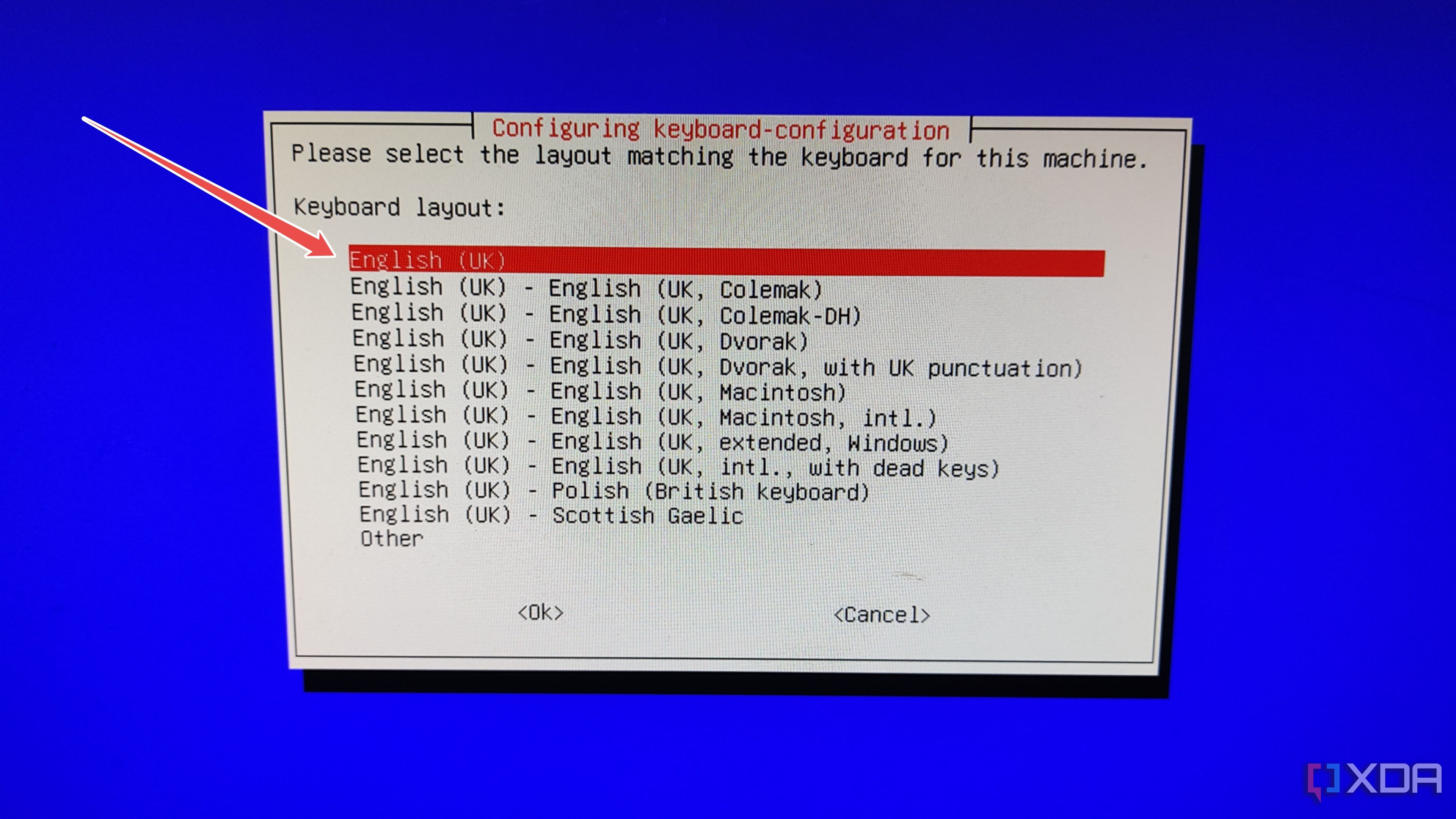 Picking the Keyboard configuration in the DietPi installation wizard