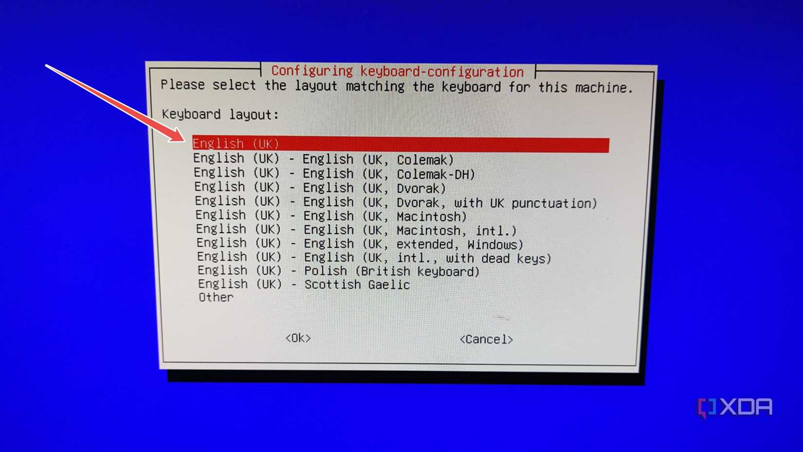 Picking the Keyboard configuration in the DietPi installation wizard