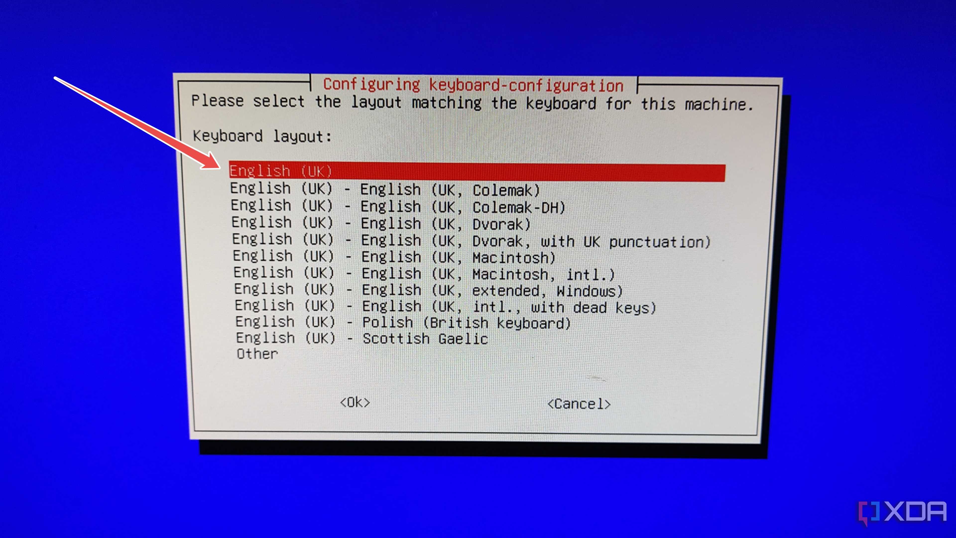 Picking the Keyboard configuration in the DietPi installation wizard