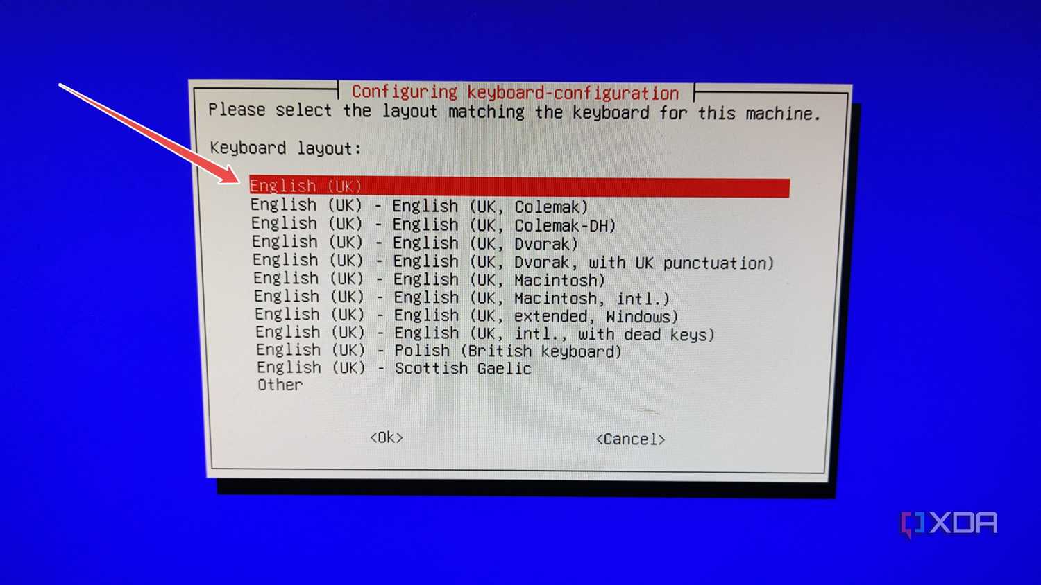 Picking the Keyboard configuration in the DietPi installation wizard