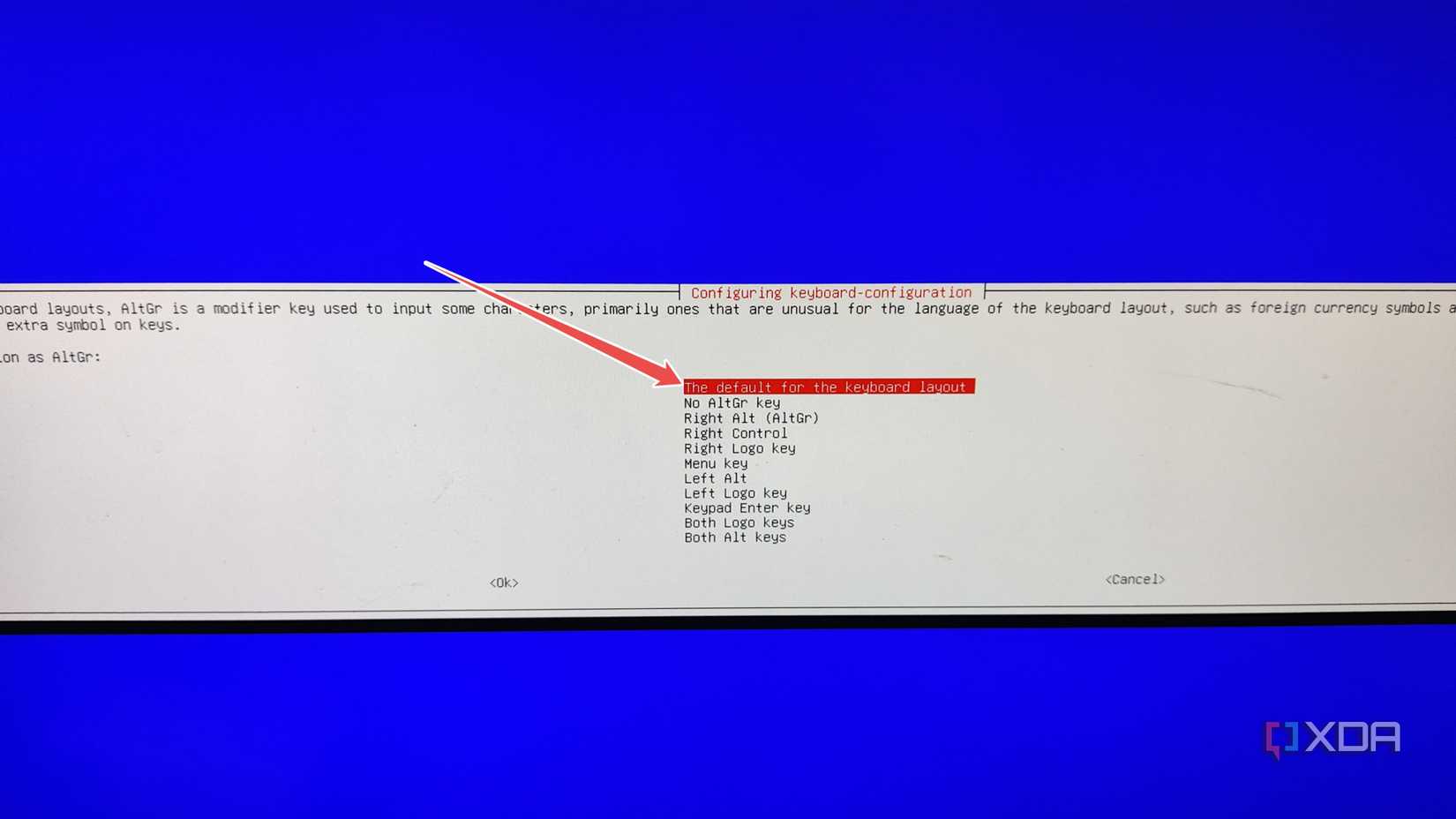 Picking the default option in the AltGr section of the DietPi installation wizard