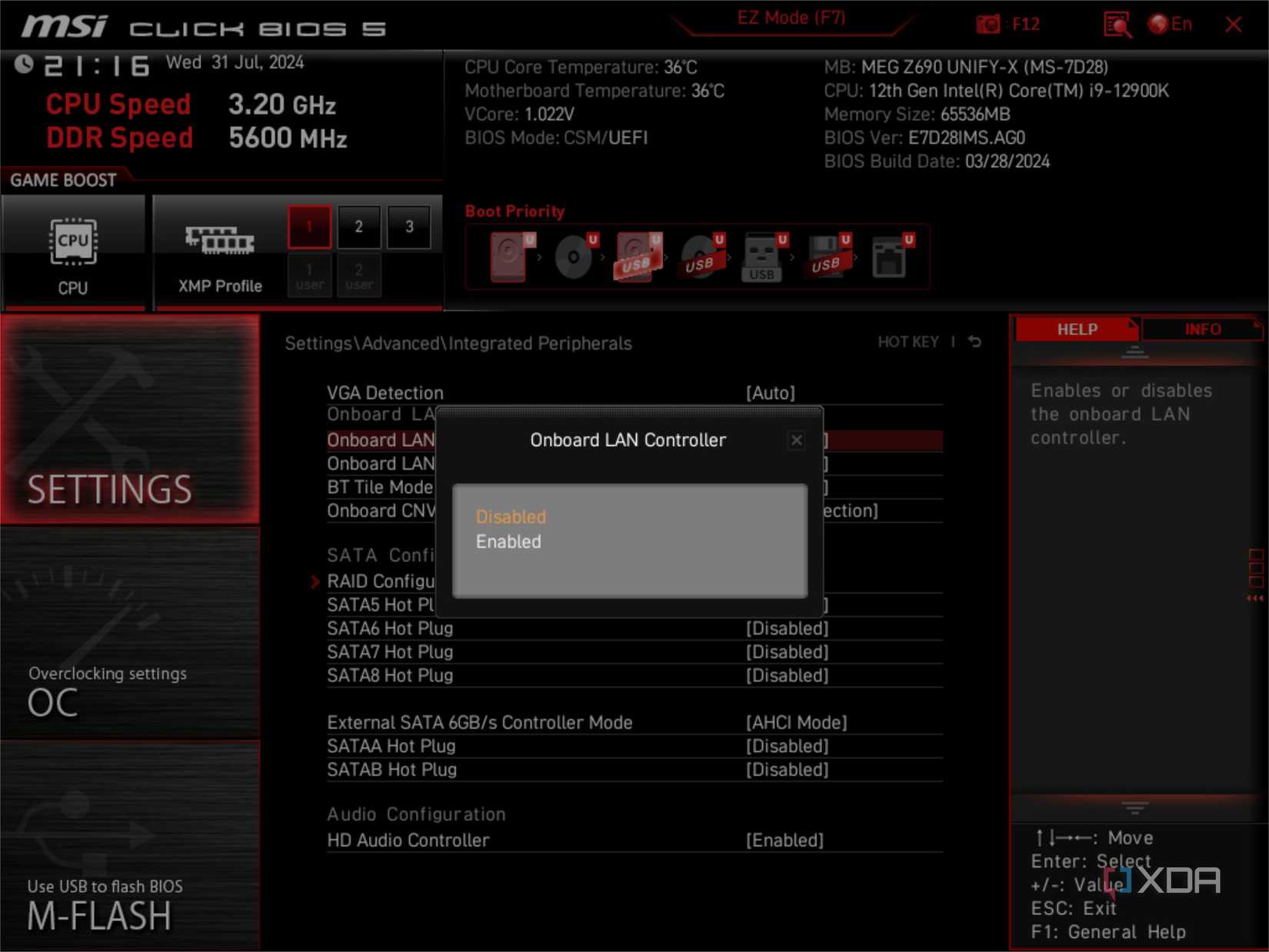 msi bios showing the onboard ethernet being disabled