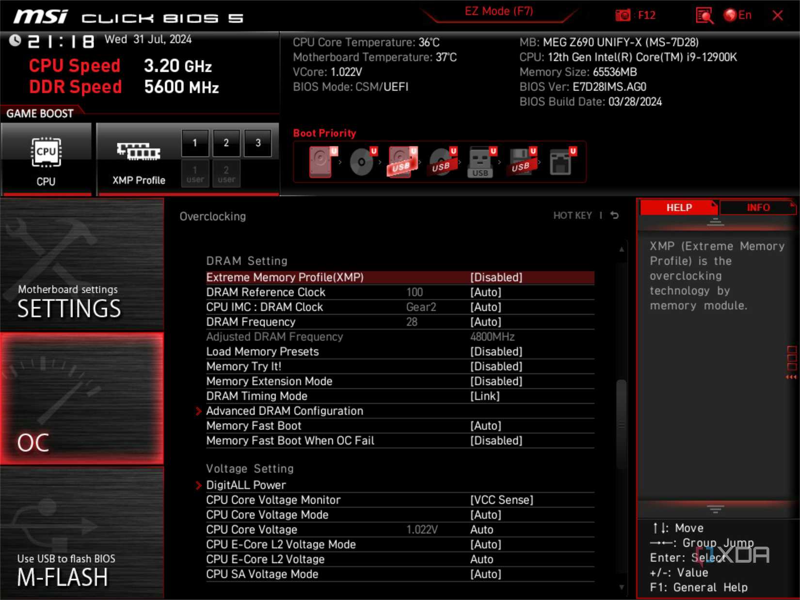 msi uefi bios screen showing xmp disabled