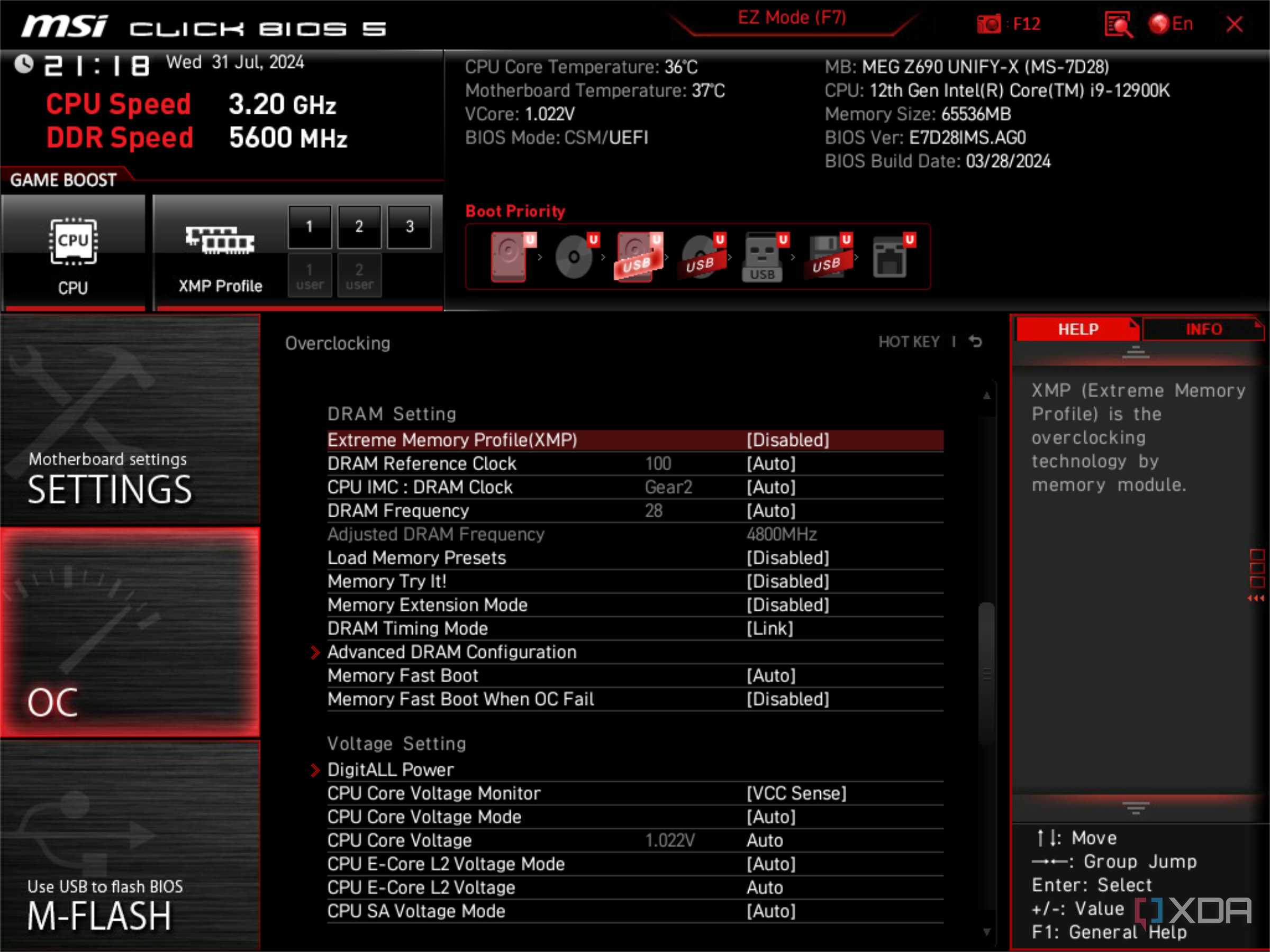 msi uefi bios screen showing xmp disabled