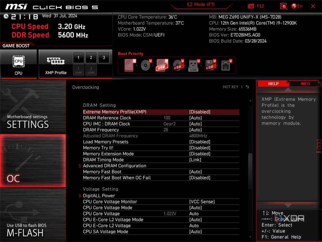msi uefi bios screen showing xmp disabled