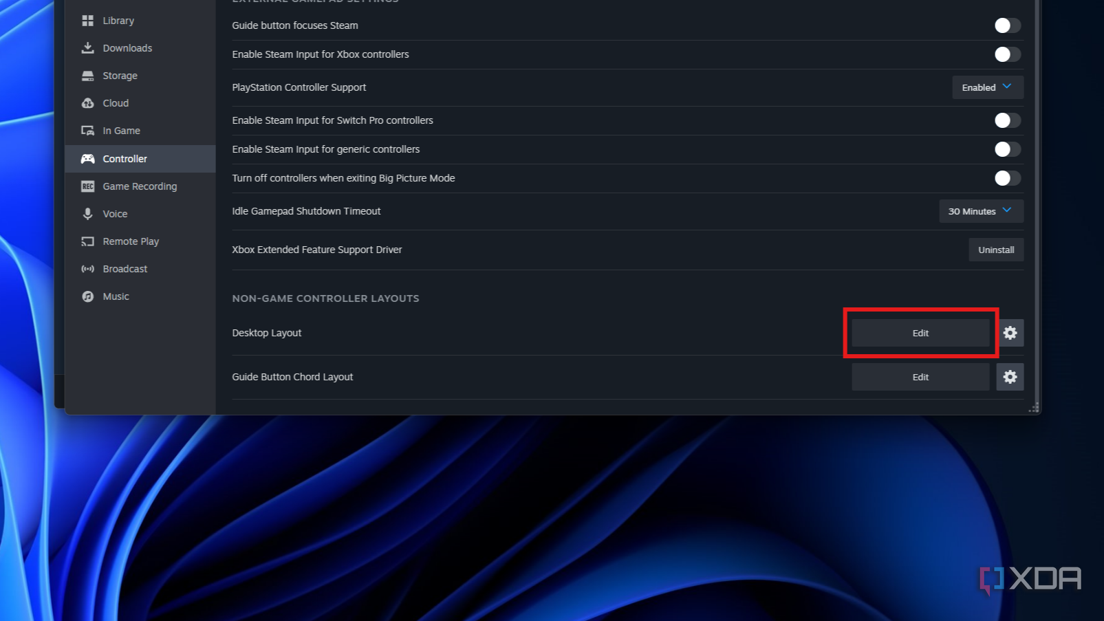 Steam controller settings showing the option to edit a controller button layout for desktop inputs