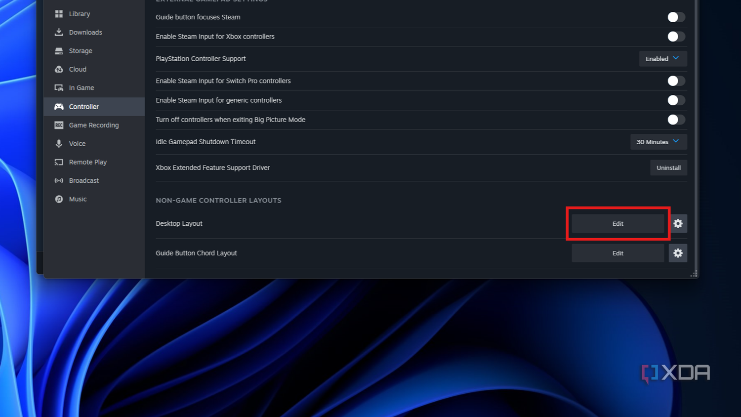 Steam controller settings showing the option to edit a controller button layout for desktop inputs