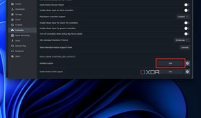 Steam controller settings showing the option to edit a controller button layout for desktop inputs