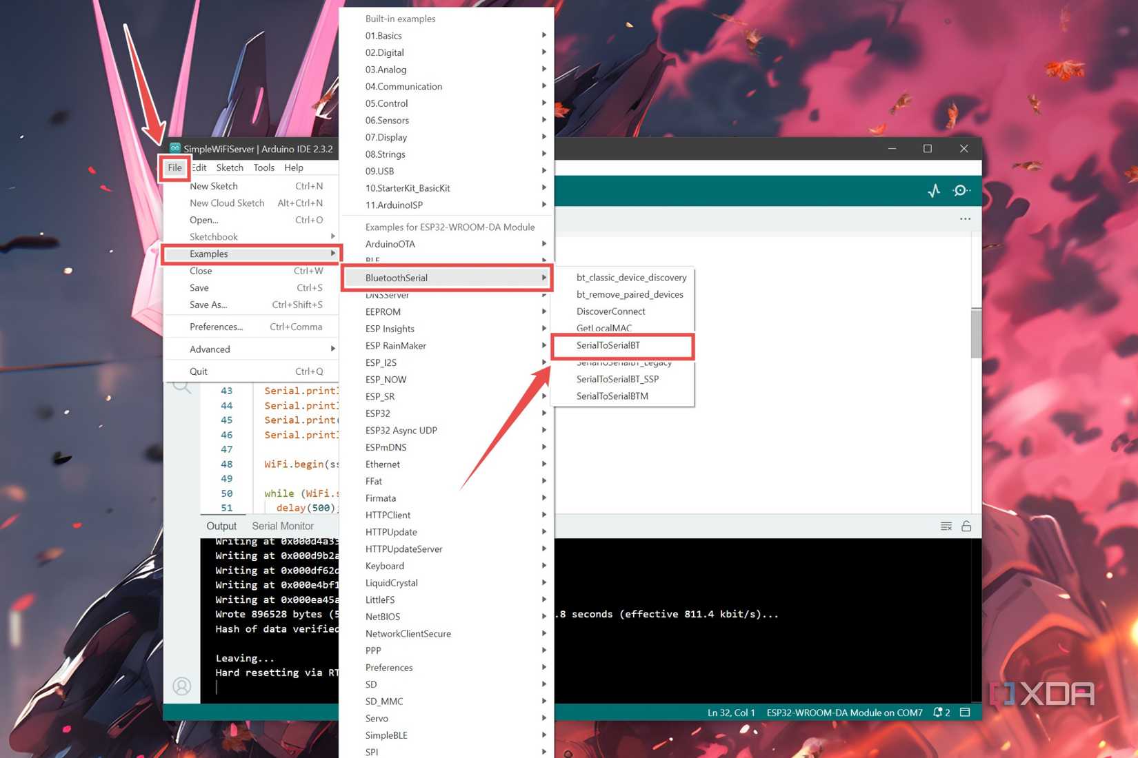 The procedure to open the SerialToSerialBT example file in the Arduino IDE