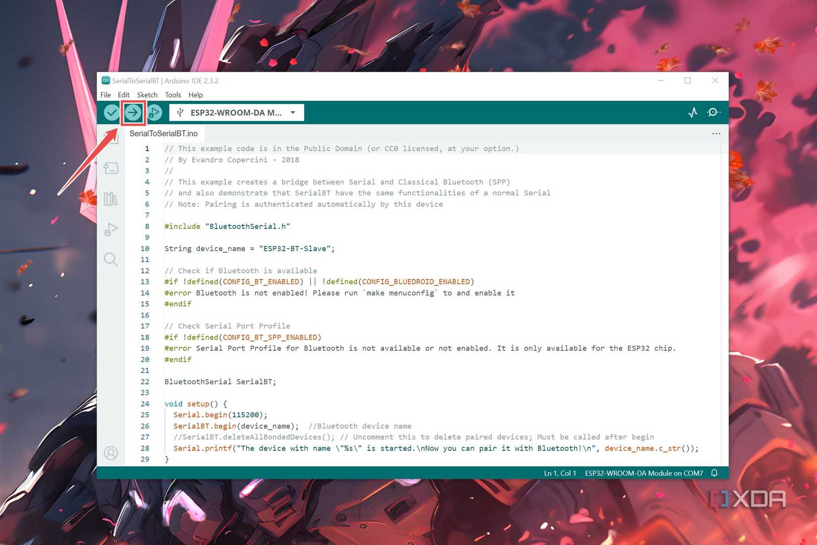 Uploading the SerialToSerialBT file to the Arduino IDE