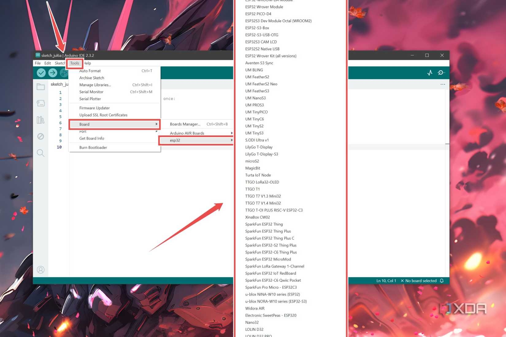 The procedure to select the esp32 board in the Arduino IDE