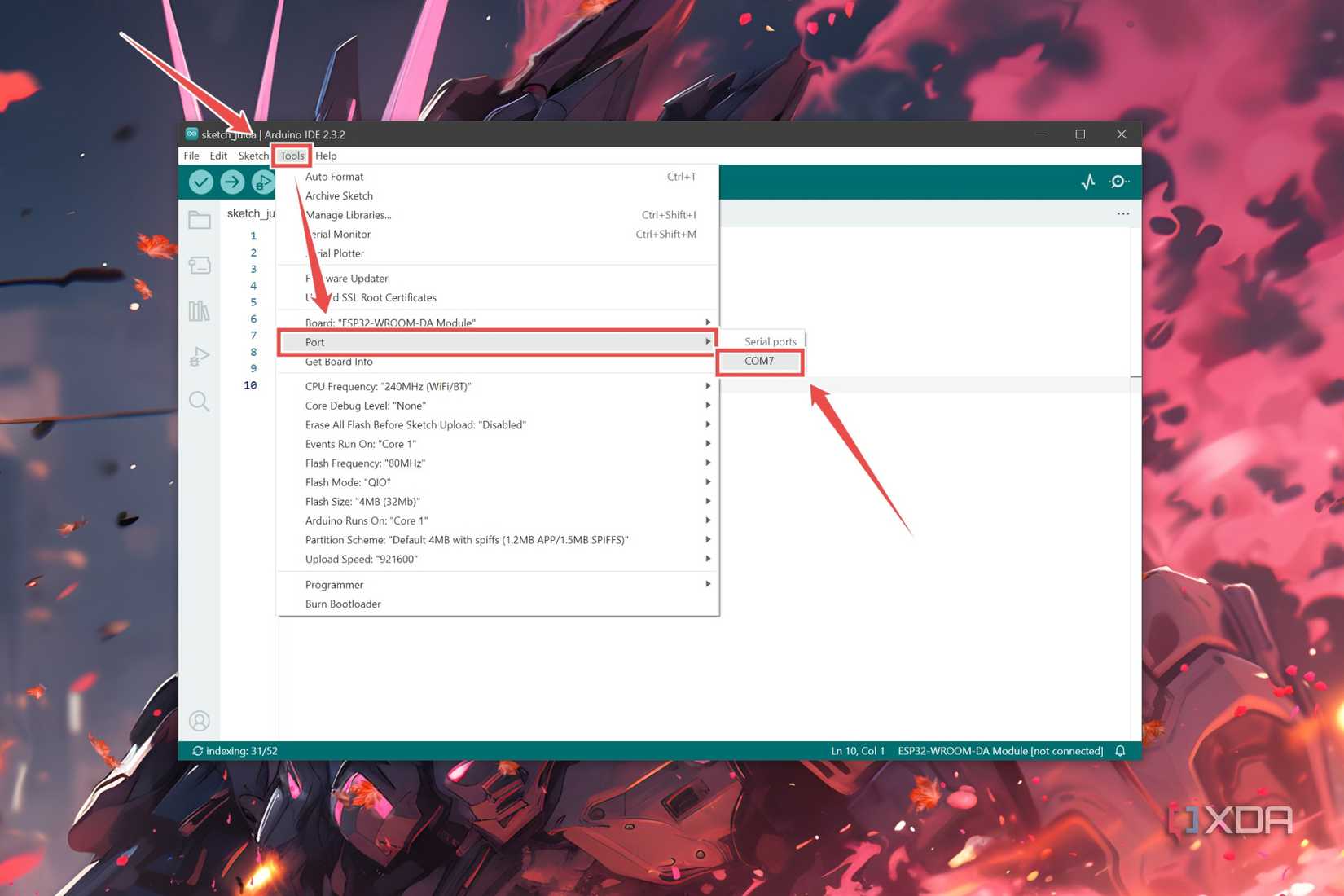 The procedure to select the esp32's COM Serial Port in the Arduino IDE