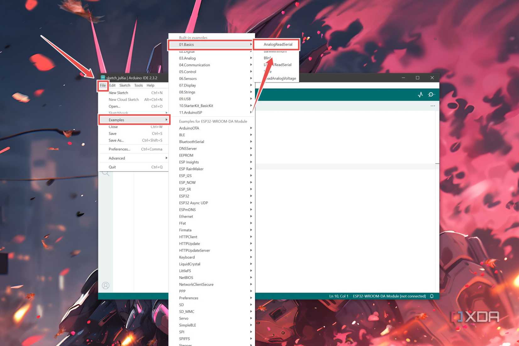 The procedure to open the AnalogReadSerial example file in the Arduino IDE