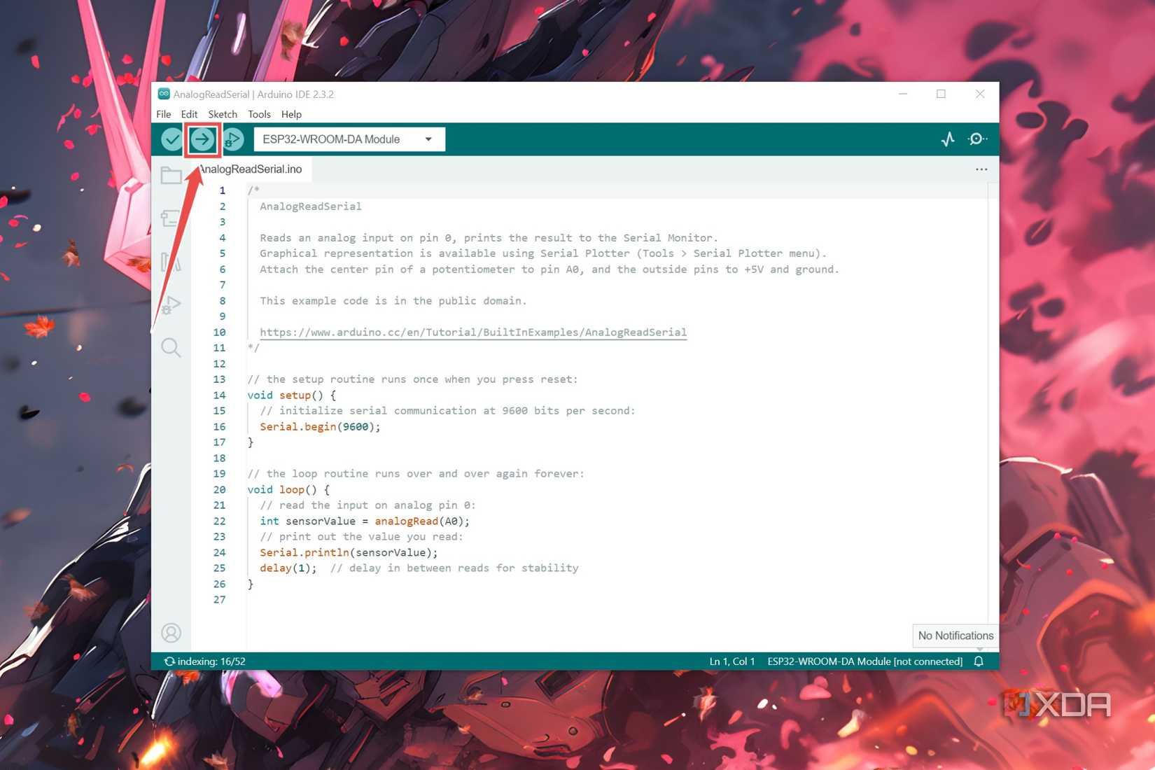 The procedure to upload the AnalogReadSerial script to the Arduino board