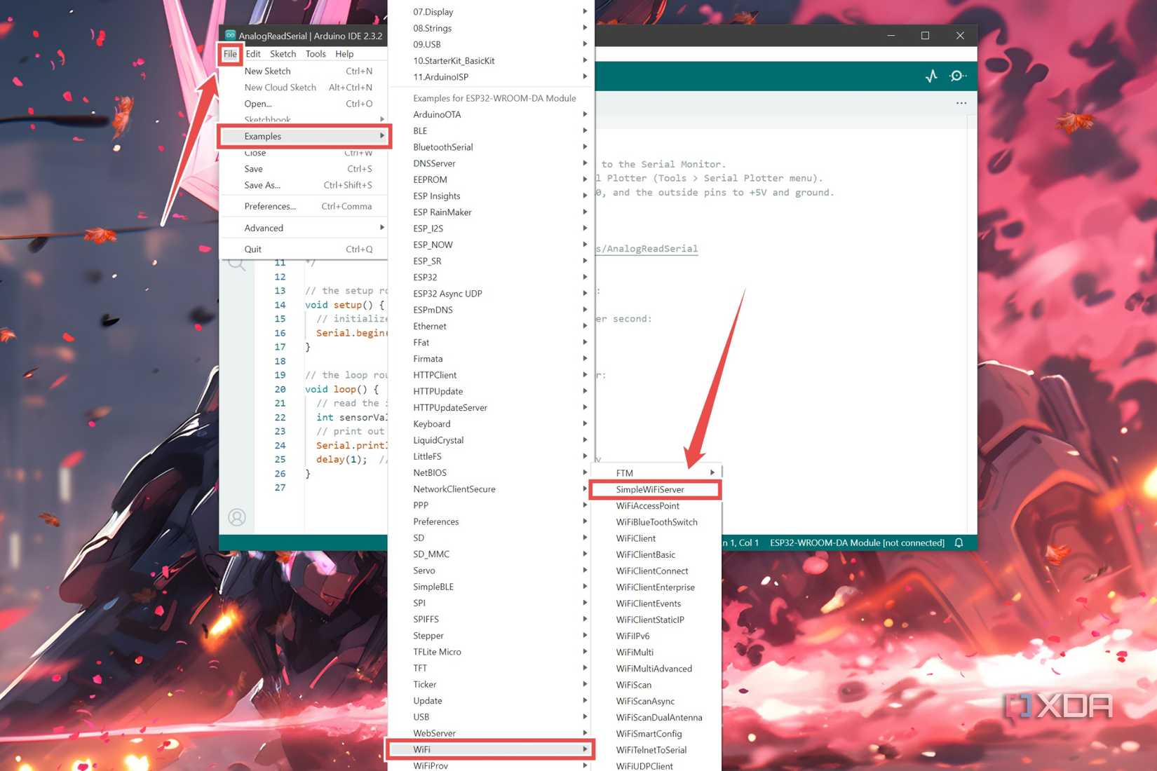 The procedure to open the SimpleWiFiServer example file in the Arduino IDE
