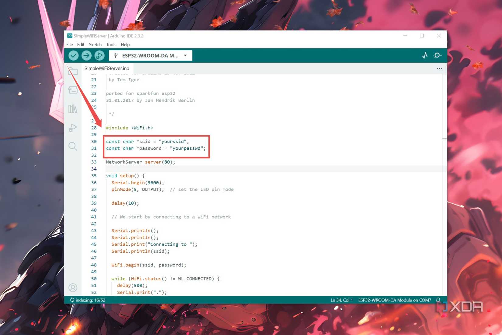 The SimpleWiFiServer example file with the ssid and password options highlighted in the Arduino IDE