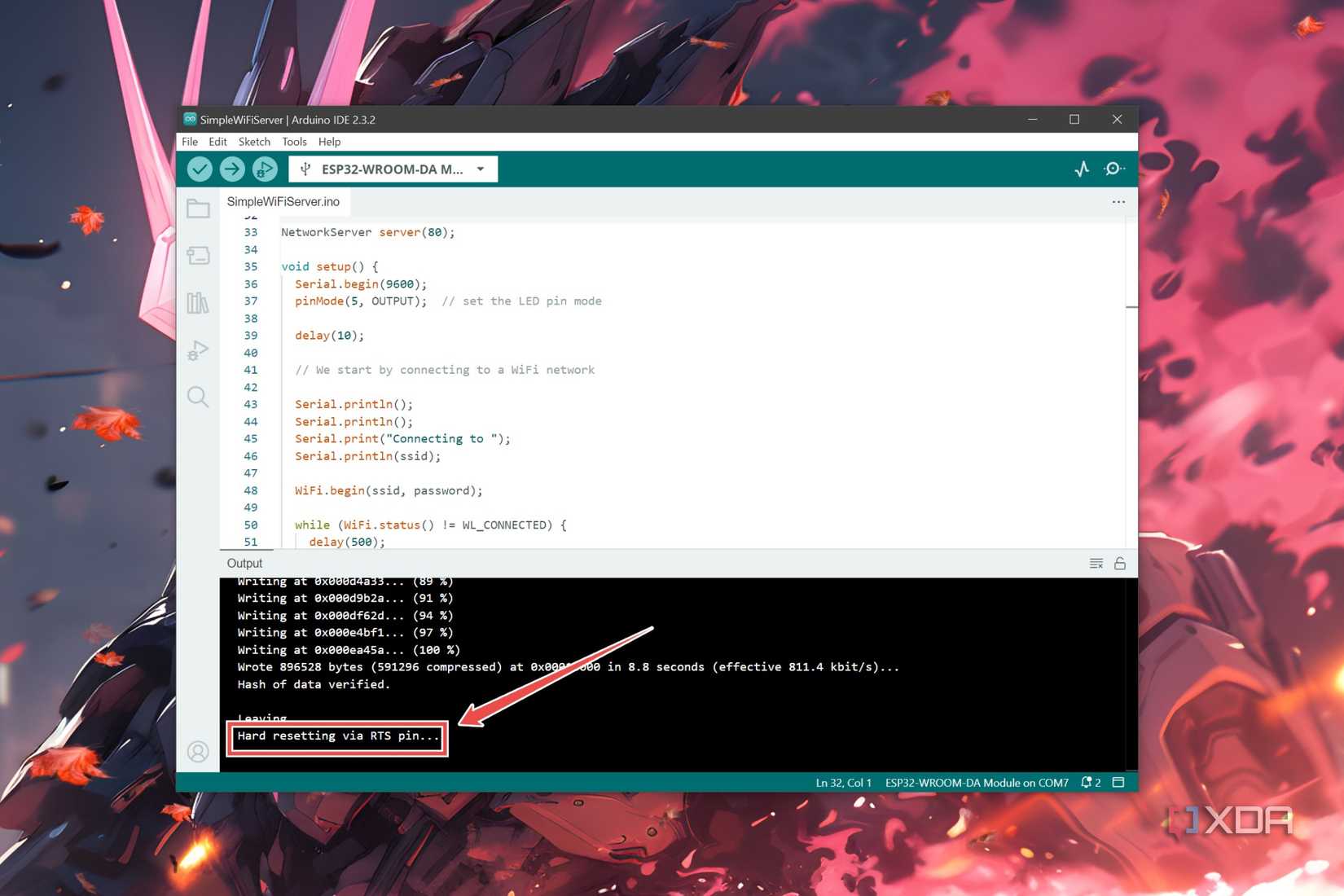 The Hard resetting via RTS pin... message in the Arduino IDE