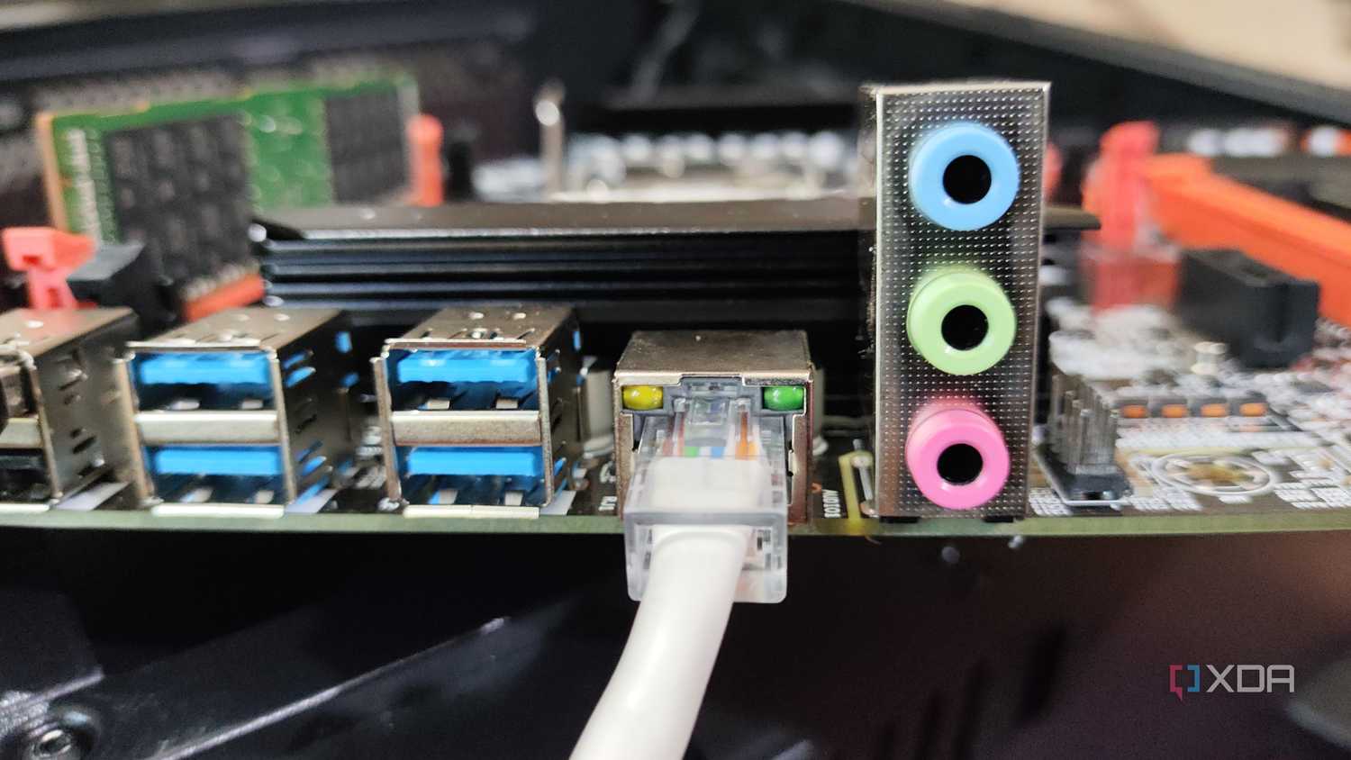 An Ethernet cable plugged into an RJ45 port